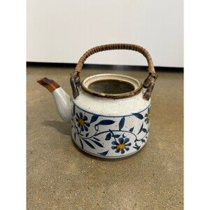 Vintage Japanese Style Stoneware Teapot with Bamboo Wrapped Handle